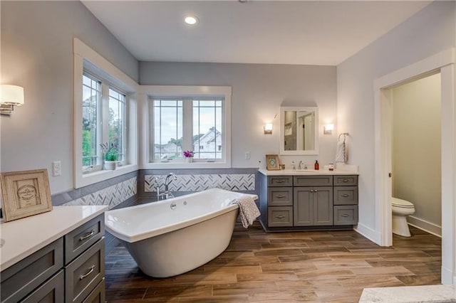 bathroom with a bath, vanity with extensive cabinet space, and toilet