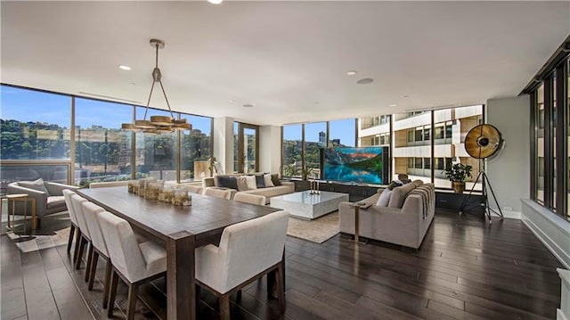 dining area with a wall of windows, a healthy amount of sunlight, and dark wood-type flooring