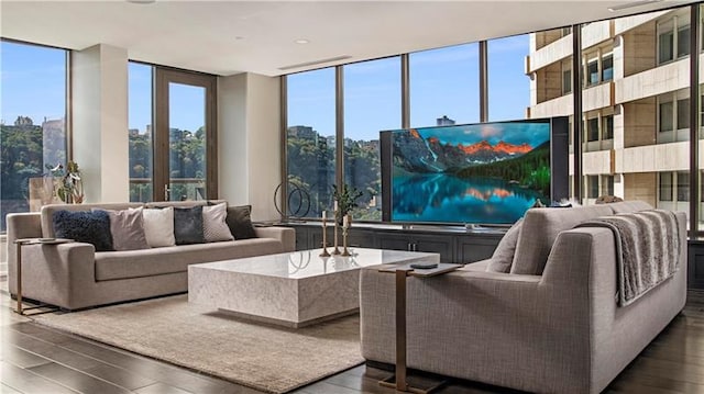 living room featuring expansive windows and dark hardwood / wood-style flooring