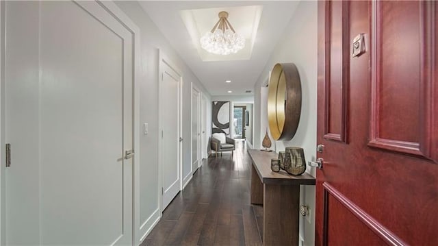 corridor with a notable chandelier, dark hardwood / wood-style floors, and a tray ceiling