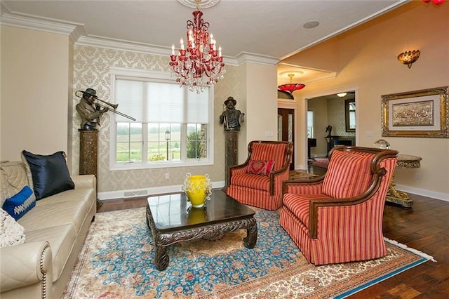 living room featuring crown molding, dark hardwood / wood-style flooring, and an inviting chandelier