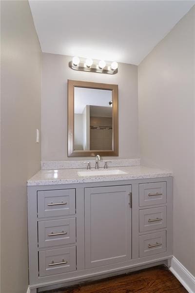 bathroom featuring vanity and hardwood / wood-style flooring