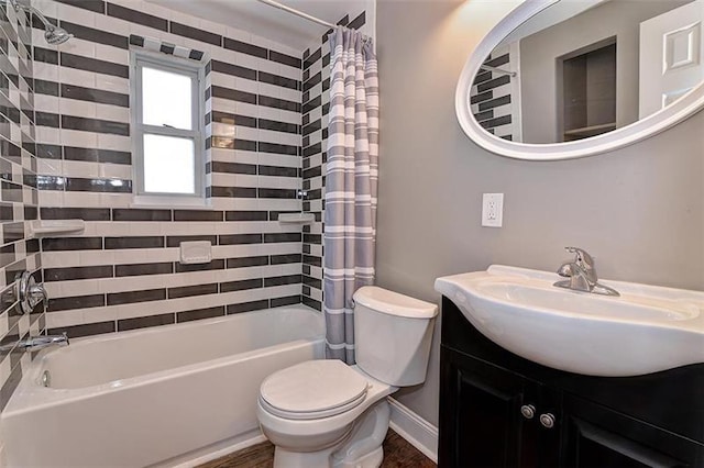 full bathroom with toilet, vanity, and shower / bathtub combination with curtain