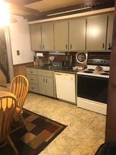 kitchen featuring light tile floors, gray cabinets, and white appliances