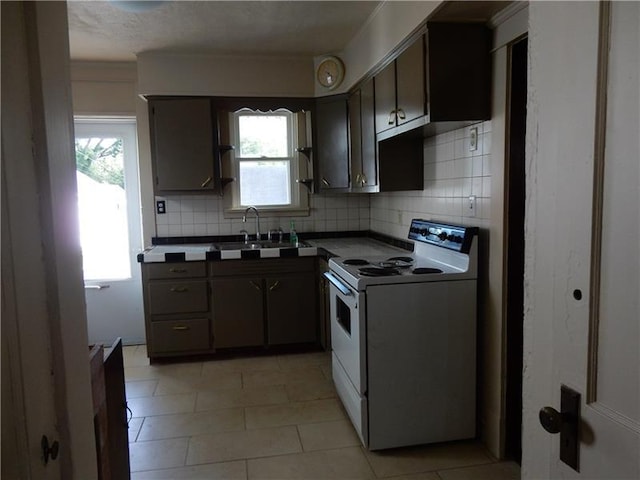 kitchen with plenty of natural light, white electric range oven, and backsplash