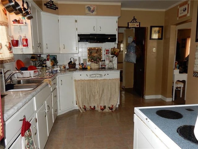 kitchen featuring range hood, white cabinetry, sink, and tasteful backsplash