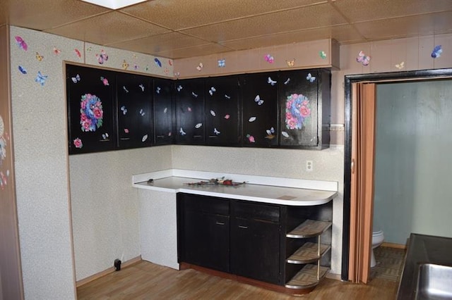 kitchen with a paneled ceiling and hardwood / wood-style flooring