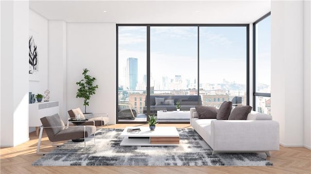 living room featuring expansive windows and parquet flooring