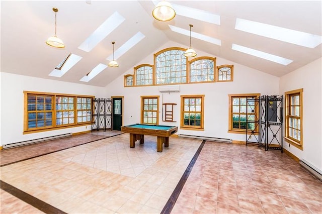 playroom featuring light tile floors, a skylight, billiards, a baseboard radiator, and high vaulted ceiling