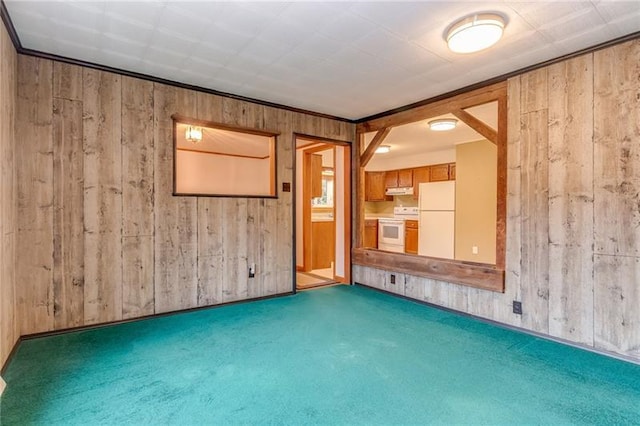 carpeted spare room featuring wood walls