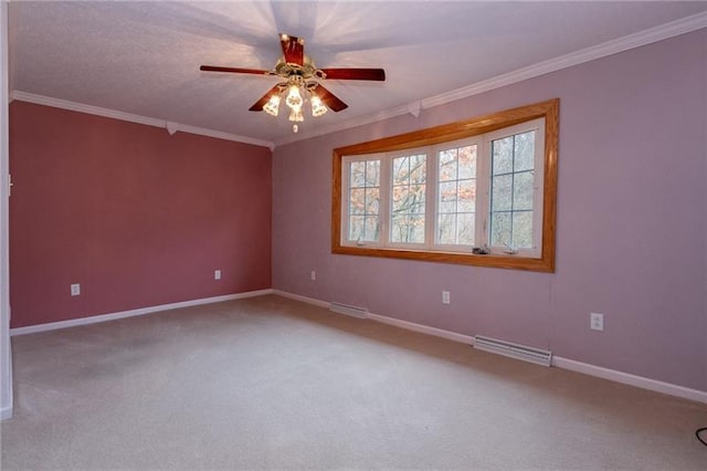 unfurnished room with light carpet, crown molding, and ceiling fan