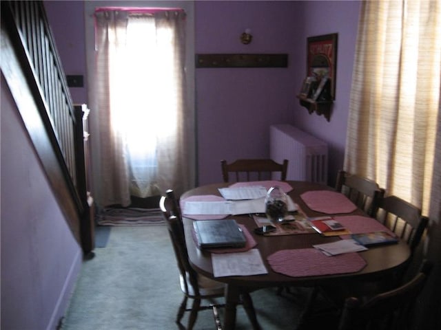 dining room featuring light carpet and radiator