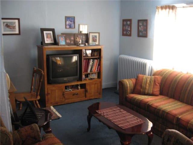 carpeted living room with radiator