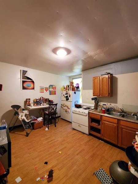 kitchen with light hardwood / wood-style flooring, sink, and white appliances