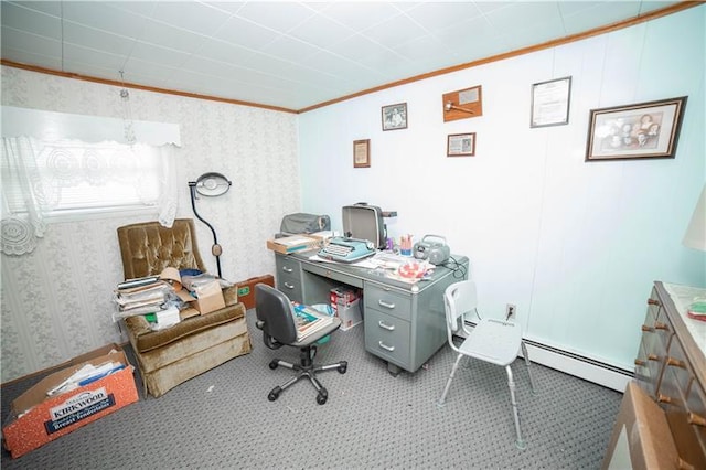 office space featuring light carpet, a baseboard radiator, and ornamental molding