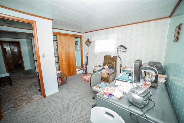 carpeted office space with crown molding