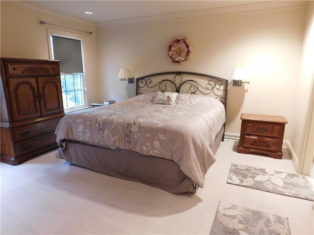 carpeted bedroom featuring ornamental molding