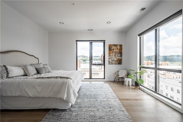 bedroom featuring baseboard heating, multiple windows, light hardwood / wood-style floors, and access to exterior