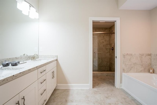 bathroom featuring dual vanity, plus walk in shower, and tile floors