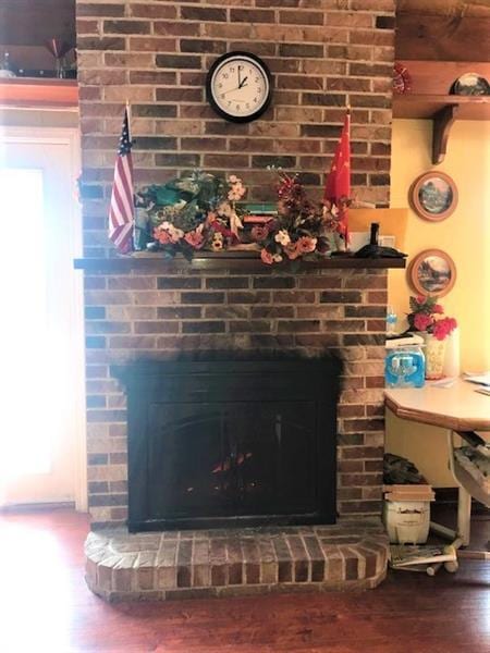 details featuring a fireplace and dark wood-type flooring