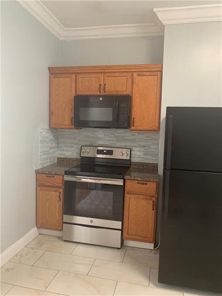 kitchen with backsplash, black appliances, light tile flooring, and ornamental molding