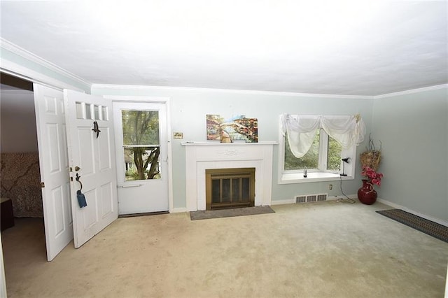 interior space featuring light carpet and crown molding