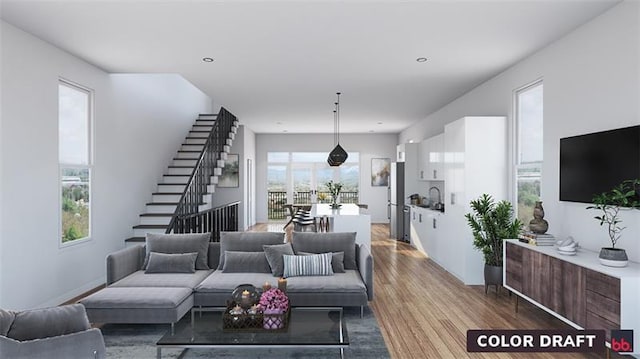 living room with dark hardwood / wood-style flooring