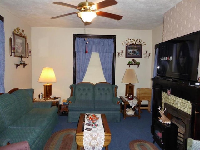 carpeted living room with a brick fireplace, a textured ceiling, and ceiling fan