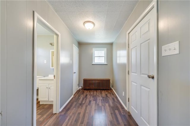 doorway to outside with dark hardwood / wood-style flooring and radiator heating unit