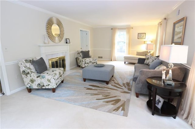 living room featuring crown molding and light colored carpet