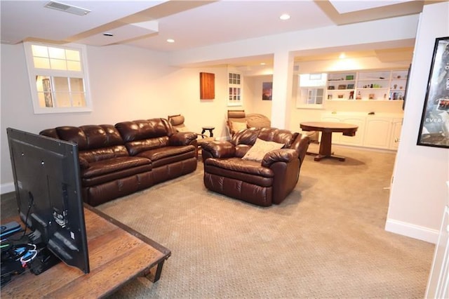 living room featuring light carpet