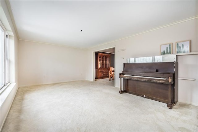 misc room with light carpet and ornamental molding