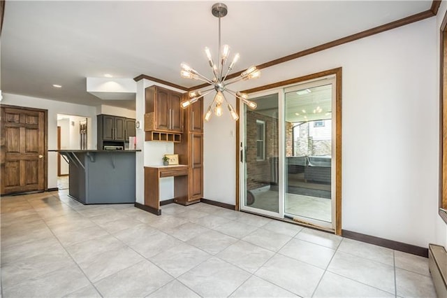 kitchen with light tile floors, a baseboard heating unit, crown molding, hanging light fixtures, and an inviting chandelier