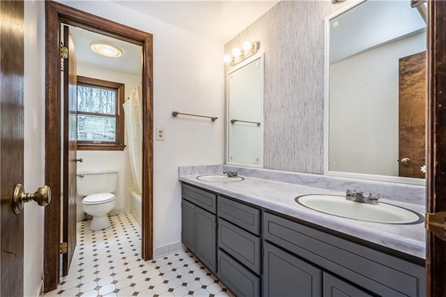 full bathroom featuring tile flooring, toilet, shower / bath combo, and double vanity