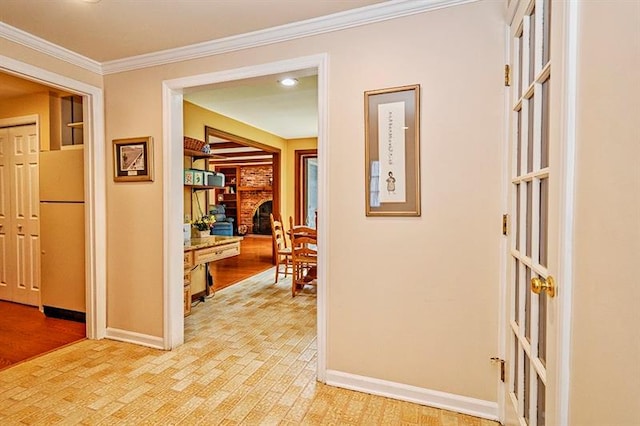 hall featuring crown molding and light hardwood / wood-style floors