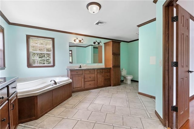 bathroom featuring tile floors, toilet, a bathing tub, ornamental molding, and oversized vanity