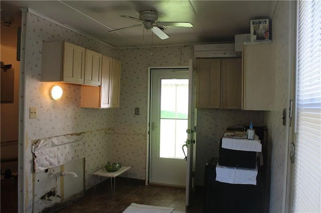 kitchen featuring a healthy amount of sunlight, ceiling fan, and tile flooring