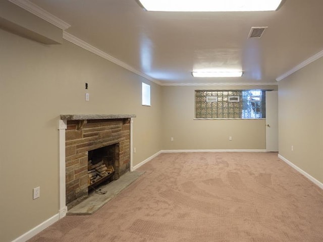 unfurnished living room featuring light carpet, crown molding, and a fireplace