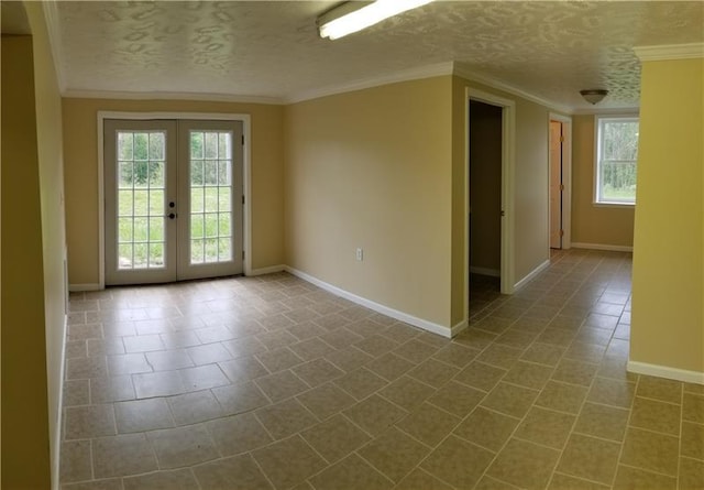 tiled empty room featuring french doors, crown molding, and a textured ceiling