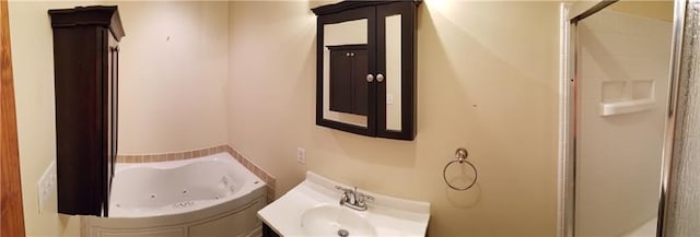 bathroom with plus walk in shower and vanity