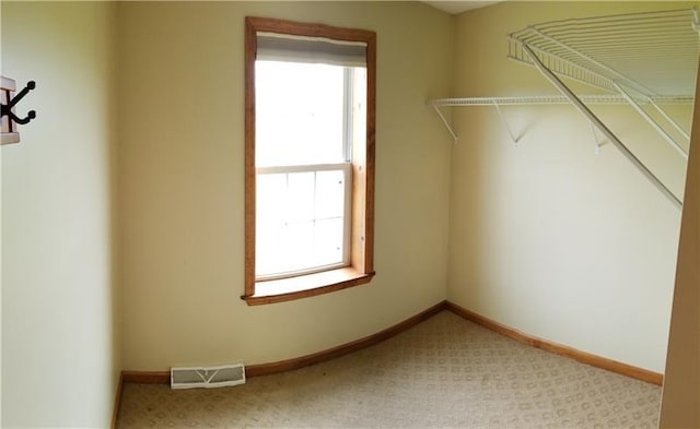 walk in closet with light colored carpet