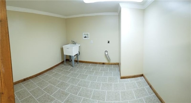 laundry area with washer hookup, ornamental molding, light tile flooring, and hookup for an electric dryer