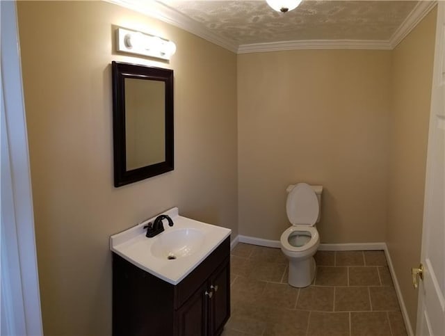 bathroom with ornamental molding, toilet, vanity, and tile floors