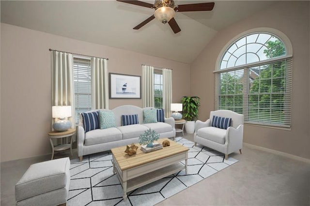 living room with light carpet, ceiling fan, and lofted ceiling