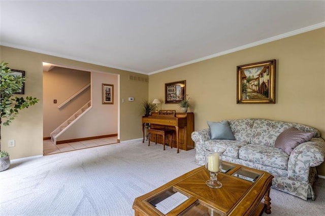 living room featuring light tile flooring and ornamental molding