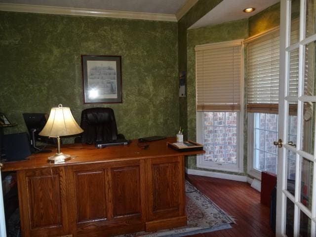 office featuring crown molding, french doors, and dark hardwood / wood-style flooring