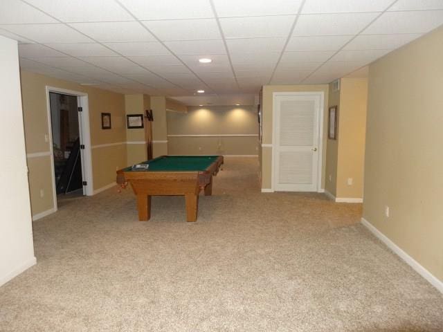 rec room featuring billiards, a drop ceiling, and light colored carpet