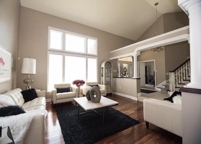 living room featuring high vaulted ceiling, dark hardwood / wood-style floors, and decorative columns