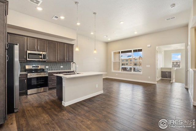 938 Schlagel St Unit 7, Fort Collins, CO 80524 - kitchen featuring dark wood-style flooring, decorative backsplash, visible vents, dark brown cabinets, and appliances with stainless steel finishes