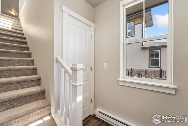 938 Schlagel St Unit 7, Fort Collins, CO 80524 - stairway featuring wood finished floors and a baseboard heating unit